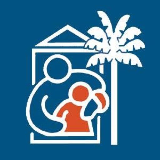 a line drawing of a person holding a child in front of a house with a palm tree